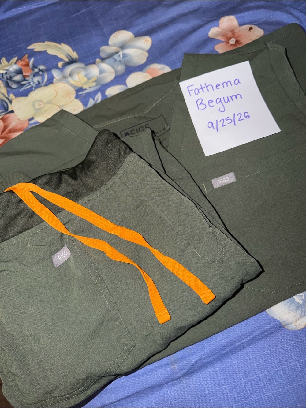 Figs Moss Green Jogger Pants and Top with Orange Drawstring
